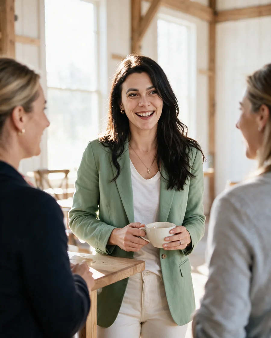 Nicolett Menge im Gespräch mit zwei Teilnehmerinnen am Stehtisch in der Pause, mit Kaffeetasse in der Hand