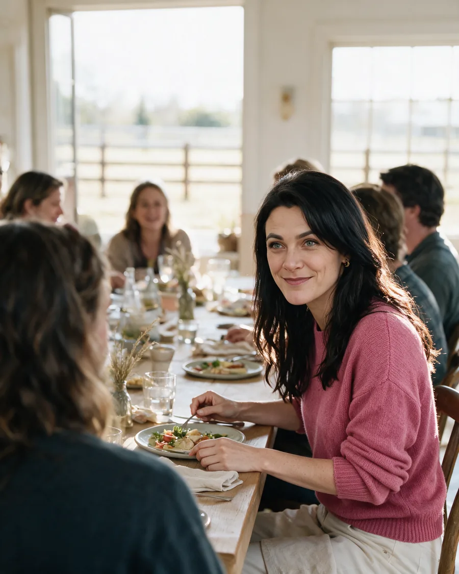 Nicolett Menge beim gemeinsamen Mittagessen an einer langen Holztafel in einem hellen Raum, draußen eine Koppel